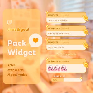 May include: A bright orange and yellow graphic with the text "chat & goal" and "Pack Widget" in a large font. The graphic also includes a heart icon and text that says "BENIARTS STREAMER" with different messages about new chat features, roles, alerts, and a subscriber. The graphic also includes a progress bar that says "SUBS 4 | 10" and "40%".