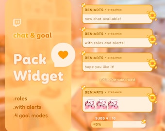 May include: A bright orange and yellow graphic with the text "chat & goal" and "Pack Widget" in a large font. The graphic also includes a heart icon and text that says "BENIARTS STREAMER" with different messages about new chat features, roles, alerts, and a subscriber. The graphic also includes a progress bar that says "SUBS 4 | 10" and "40%".