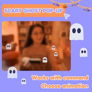 May include: A purple background with a white ghost popping up from the bottom of the screen. The text "SCARY GHOST POP-UP" is at the top of the screen. The text "Works with command Choose animation" is at the bottom of the screen.