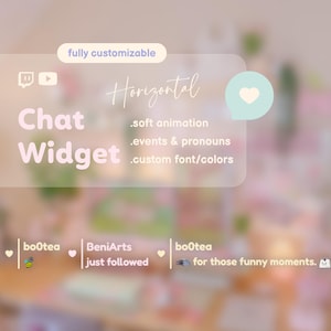 May include: A soft, blurred image showcasing a chat widget design. The words "Chat Widget" are in soft pink, with text indicating customizable features. The design includes icons and a heart symbol. The background is a mix of pink and green.