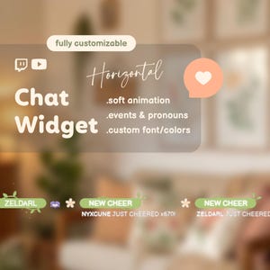 Puede incluir: Gráfico digital que promociona un "Chat Widget" con el texto "totalmente personalizable". El diseño incluye un icono de corazón, una burbuja de diálogo y un botón de reproducción. Texto adicional destaca características como animación suave y fuentes personalizadas.