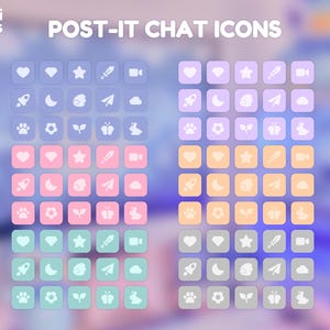 May include: A set of 48 digital chat icons in four different color schemes: purple, orange, pink, and blue. Each icon features a simple white design, including a heart, diamond, star, sword, video camera, rocket, moon, cloud, paw print, flower, leaf, butterfly, and rabbit.
