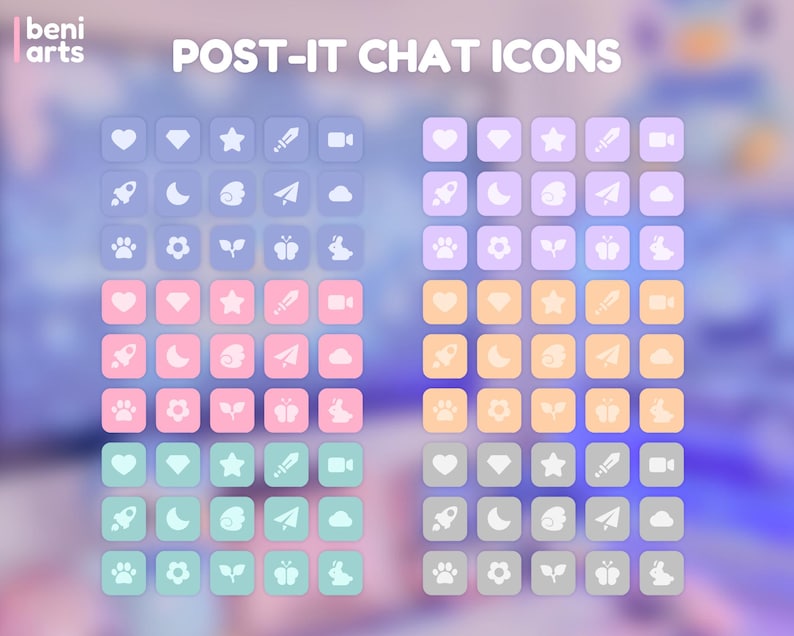 May include: A set of 48 digital chat icons in four different color schemes: purple, orange, pink, and blue. Each icon features a simple white design, including a heart, diamond, star, sword, video camera, rocket, moon, cloud, paw print, flower, leaf, butterfly, and rabbit.