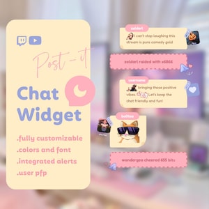 Puede incluir: Una ilustración rosa y amarilla de un widget de chat con el texto "Post-it Chat Widget" y el texto "completamente personalizable, colores y fuente, alertas integradas, pfp de usuario". La imagen también muestra varios mensajes de chat con nombres de usuario y comentarios.