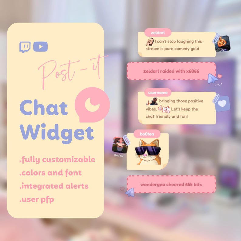 May include: A pink and yellow illustration of a chat widget with the text "Post-it Chat Widget" and the text "fully customizable, colors and font, integrated alerts, user pfp". The image also shows several chat messages with usernames and comments.