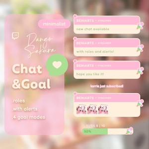 May include: A pink and white graphic design for a streamer, with the text "Dango Sakura Chat & Goal". Features chat boxes with ice cream graphics and the text "BENIARTS - STREAMER". Includes a progress bar.