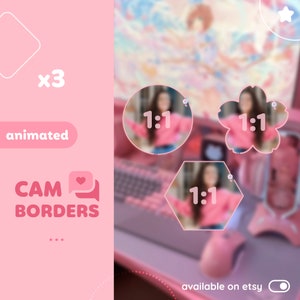 Può includere: Tre bordi animati per webcam in rosa, bianco e nero. I bordi hanno la forma di un cerchio, un fiore e un esagono. Ogni bordo ha il testo "1:1" in bianco.
