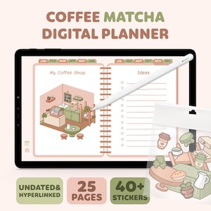 Puede incluir: Un planificador digital con temática de cafetería. El planificador tiene 25 páginas e incluye más de 40 pegatinas. El planificador no está fechado y está hipervinculado. El planificador se muestra en una tableta con un lápiz.