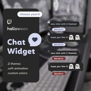 Könnte beinhalten: Ein schwarz-weißes Chat-Widget mit einem Herz-Symbol und dem Text "halloween Chat Widget" sowie dem Text "choose yours!" Das Widget verfügt über zwei Themen, eine weiche Animation und benutzerdefinierte Farben. Das Widget wird auf einem Computerbildschirm mit einem Geister-Symbol und dem Text "new chat with 2 themes!" und "hope you like it!" angezeigt.