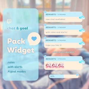 Op de afbeelding: Een blauwe en witte chat- en doelpakketwidget met de tekst "BENIARTS STREAMER" en "nieuwe chat beschikbaar!" in een wit vak met afgeronde hoeken. De widget bevat ook een harticoon en de tekst "Pack Widget" in een wit vak met afgeronde hoeken. De widget bevat ook de tekst ".roles .with alerts .4 goal modes" in een wit vak met afgeronde hoeken.