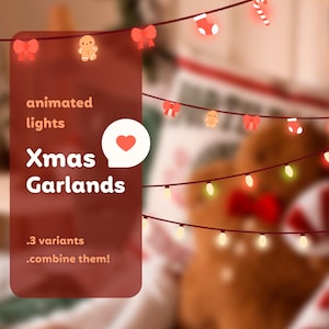 Puede incluir: Luces de guirnalda de Navidad animadas con un corazón rojo, figuras de pan de jengibre y lazos rojos. El texto "animated lights" y "Xmas Garlands" está en el lado izquierdo de la imagen. El texto ".3 variants .combine them!" está en la parte inferior de la imagen.