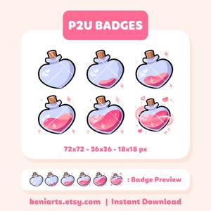Puede incluir: Conjunto de seis insignias de frasco de poción en forma de corazón rosa y azul en varios tamaños, incluyendo 72x72 píxeles, 36x36 píxeles y 18x18 píxeles. Las insignias presentan una poción rosa con brillo y un frasco en forma de corazón con un tapón de corcho. El texto "P2U BADGES" está en la parte superior de la imagen.