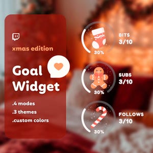 Peut inclure: Un widget de but thématique de Noël rouge et blanc avec une icône de cœur, le texte "xmas edition" et les mots "Goal Widget". Le widget a quatre modes, trois thèmes et des couleurs personnalisées. Il y a trois barres de progression avec des icônes sur le thème de Noël : une chaussette, un bonhomme en pain d'épices et une canne en sucre. Chaque barre de progression est à 30 % et affiche le nombre de bits, d'abonnements et de suivis.