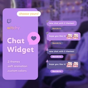 Puede incluir: Un widget de chat morado y rosa con un icono de corazón y el texto "witchy Chat Widget" y "2 temas, animación suave, colores personalizados". El widget tiene un fondo morado con un borde rosa. El texto "¡elige el tuyo!" está en la parte superior del widget. El texto "¡nuevo chat con 2 temas!" y "¡espero que te guste!" se repite dos veces con el texto "BeniArts" debajo de cada uno.