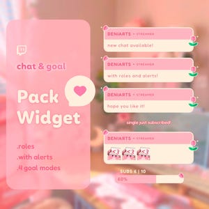 Puede incluir: Un widget de paquete de chat y objetivos rosa y blanco para streamers de Twitch. El widget incluye una barra de progreso, un contador y un área de mensajes. El texto en el widget dice "BENIARTS STREAMER" y "¡nuevo chat disponible!"