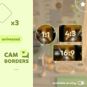 Puede incluir: Tres bordes de cámara animados en diferentes relaciones de aspecto: 1:1, 4:3 y 16:9. Los bordes son verdes y blancos con un diseño floral. El texto "x3 animated CAM BORDERS" está en el lado izquierdo de la imagen. El texto "available on etsy" está en la parte inferior derecha de la imagen.