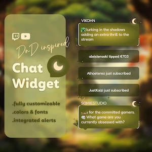 Op de afbeelding: Een groen en bruin geïllustreerd chatwidget met een halve maan-icoon. De tekst luidt "DnD inspired Chat Widget" en "volledig aanpasbaar, kleuren & lettertypen, geïntegreerde meldingen". Het widget heeft een lichtgroene achtergrond met een donkergroene rand. Het widget is ontworpen voor Twitch-streamers.