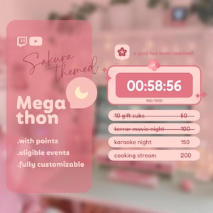 Op de afbeelding: Een roze en witte digitale timer met een sakura-thema. De timer is ingesteld op 00:58:56 en is gelabeld "Mega thon". De timer is aanpasbaar met punten voor verschillende evenementen, waaronder 10 cadeau-abonnementen, horrorfilmnacht, karaoke-avond en kookstream.