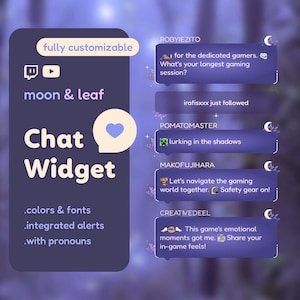 May include: A purple chat widget with a heart icon and the text "Chat Widget" in white. The widget is customizable with colors, fonts, integrated alerts, and pronouns. The widget is surrounded by a purple background with a blurred image of a forest.