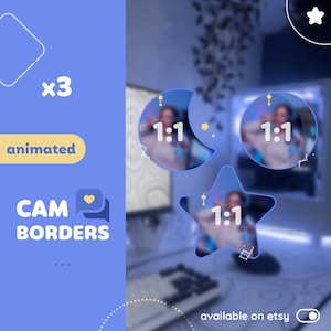 May include: Three animated cam borders with a moon, star, and circle shape. Each border features a 1:1 aspect ratio and a person's face in the center. The text "available on etsy" is at the bottom of the image.
