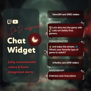 May include: A red and black chat widget with a crescent moon icon. The text "DnD inspired" is at the top of the widget. The text "Chat Widget" is in a larger font size. The text "fully customizable", "colors & fonts", and "integrated alerts" are listed below the title. The widget has a dark background with a blurred image of a forest in the background.