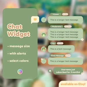 Op de afbeelding: Een digitaal chatwidget-ontwerp met een groen en wit kleurenschema. Het ontwerp bevat een chatballon met een hartpictogram, een lijst met functies en voorbeeldchatberichten. De tekst luidt "Chat Widget", "message size", "with alerts" en "select colors".