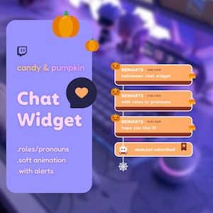 Op de afbeelding: Een paarse en oranje chatwidget met een snoep- en pompoenthema. De widget heeft een harticoon, een spin en een pompoen. De tekst op de widget luidt "Chat Widget", "roles/pronouns", "soft animation", "with alerts", "BENIARTS SHE/HER", "halloween chat widget", "with roles or pronouns", "hope you like it!" en "alyda just subscribed!"