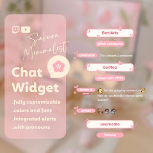 Könnte beinhalten: Ein rosa und weißes Chat-Widget mit dem Text "Sakura Minimalist Chat Widget" und einer rosa Blumengrafik. Das Widget bietet anpassbare Benachrichtigungen, Farben und Schriftarten und beinhaltet Pronomen. Das Widget enthält auch mehrere Chat-Benachrichtigungen mit Benutzernamen wie "BeniArts", "bootea" und "zeldari".