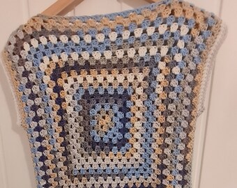 Handgemaakte gehaakte oma vierkante top: boho acryl T-shirt, Britse maat 12