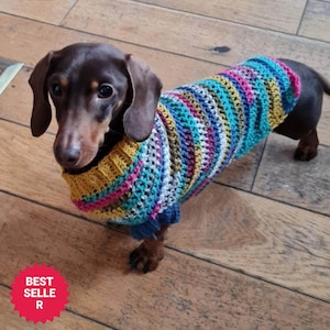 Patrón de jersey de ganchillo acanalado para perro, jersey a rayas para perro salchicha miniatura, jersey para perro salchicha miniatura, jersey para raza pequeña, jersey de invierno para perro