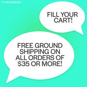 Op de afbeelding: Twee witte tekstballonnen op een turquoise achtergrond. E&eacute;n zegt "FILL YOUR CART!" De andere zegt "GRATIS VERZENDING OVER LAND VOOR ALLE BESTELLINGEN VAN &euro;35 OF MEER!" Het Sunroom-logo staat linksboven.