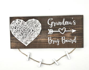 Grandma’s Brag Board with String Art Heart – Photo Display Sign