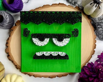 Frankenstein String Art – 7.25" Handmade Halloween Monster Décor on Green Wood Board