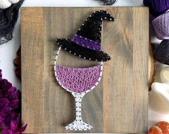Witchy Wine String Art – 10" Handmade Halloween Wine Décor