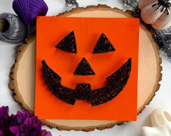 Small Jack-O-Lantern String Art – 7.25" Handmade Halloween Pumpkin Décor on Orange Wood Board