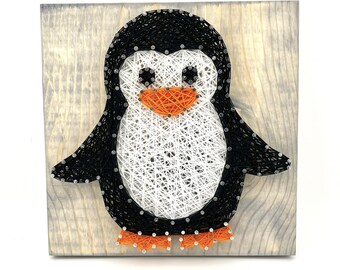 Penguin String Art Sign • Handmade Winter Wall Decor • Cute Penguin Art • Rustic Holiday Decoration • Unique Winter Gift