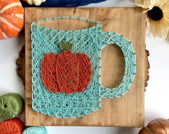 Cozy Pumpkin Mug String Art – 10" Handmade Fall Coffee Décor