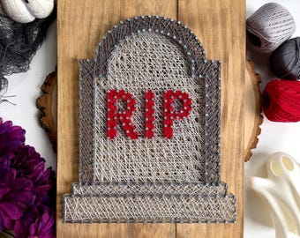 RIP Tombstone String Art – 9.25" x 12" Handmade Halloween Graveyard Décor