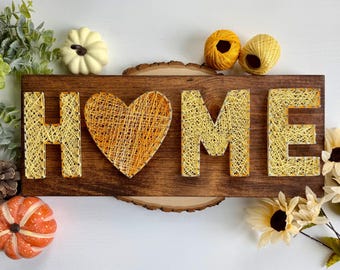 HOME Heart String Art Sign – 18" x 7.25" Handmade Rustic Wood Décor