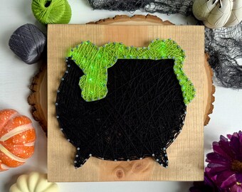 Light-Up Bubbling Cauldron String Art – 9.25" Handmade Halloween Décor with Green LED Lights