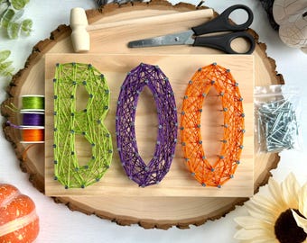 BOO String Art Complete Kit, Halloween DIY Craft Kit for Adults, Pre-Drilled String Art, Halloween Sign Craft, Colorful Spooky Decor
