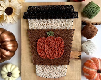 Pumpkin Coffee Cup String Art – 9.25" x 12" Handmade Fall Coffee Bar Décor