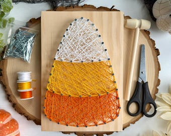 Candy Corn String Complete Art Kit, Halloween DIY Craft, Pre-Drilled Wood Board (5.5" x 8")