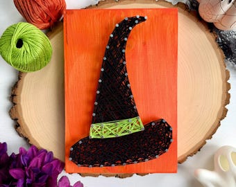 Small Witch Hat String Art – 5.5" x 8" Handmade Halloween Décor on Orange Wood Board