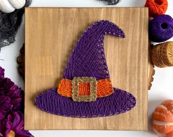 Purple Witch Hat String Art – 10" Handmade Halloween Wood Décor