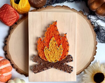 Mini Bonfire String Art – 5.5" x 8" Handmade Fall Décor
