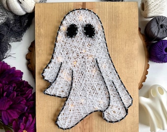 Light-Up Ghost String Art – 9.25" x 12" Handmade Halloween Wood Décor