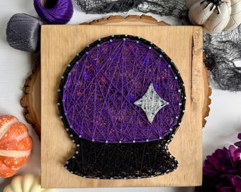 Light-Up Crystal Ball String Art – 9.25" Handmade Halloween Décor with Purple & Orange LED Lights