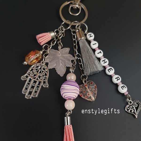 Hi There Pink Tassel Keychain with Acrylic Frosted Autumn Leave Bead, Charms, Bag Charm Fashion Accessory For Bag, Purse, Keys Pink Tassel