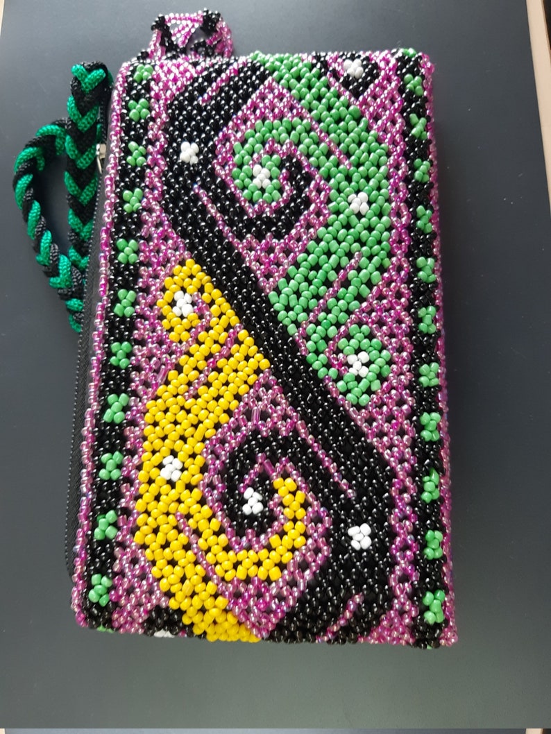 Green Black Yellow Purple Purse Tribal Borneo Pattern Style Beaded Purse Clutch with Wrist Strap Handmade Gift For Women Mom Gift Birthday